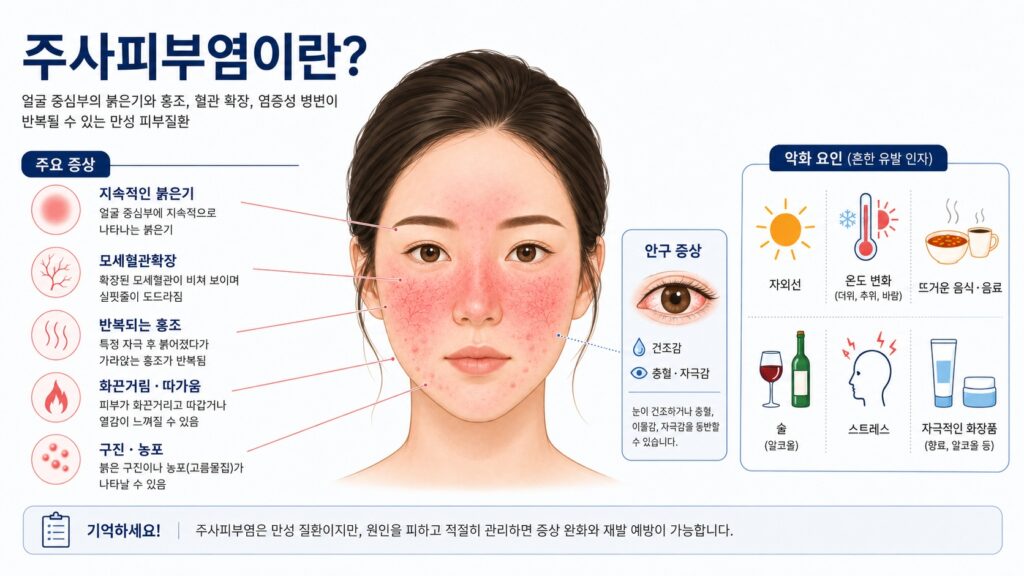 주사피부염의 주요 증상과 악화 요인을 설명하는 인포그래픽으로, 얼굴 중심부의 붉은기·모세혈관확장·구진·농포·화끈거림과 안구 증상, 자외선·온도 변화·뜨거운 음식·술·스트레스·자극적인 화장품 등의 악화 요인을 정리한 그림