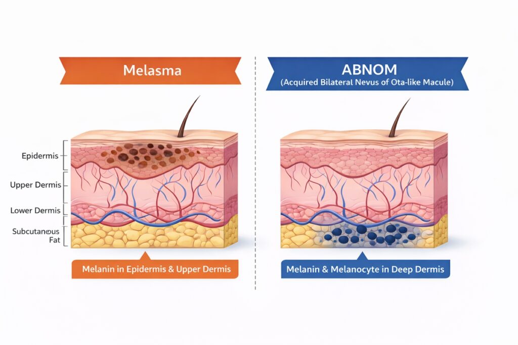 기미와 후천성오타모반(후천성양측성오타양모반, ABNOM)의 멜라닌 분포 차이를 보여주는 그림.