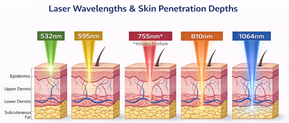 레이저 파장에 따른 피부 침투 깊이를 보여주는 그림. 755nm 파장은 진피 깊은 곳 까지 충분히 도달함을 알 수 있다.