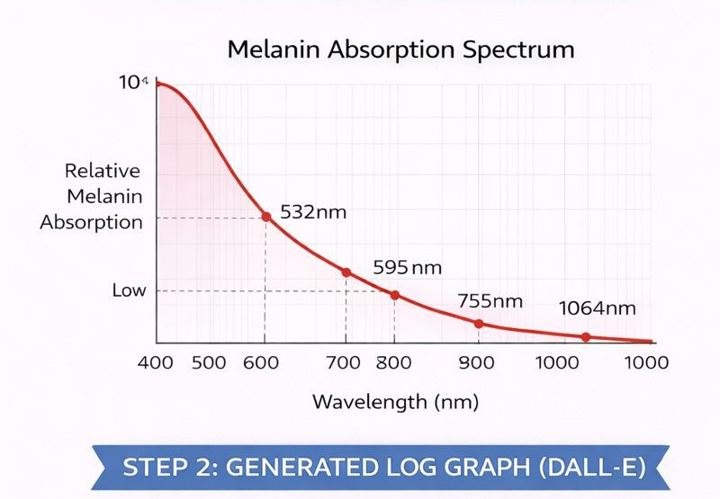 레이저 파장에 따른 멜라닌 색소 흡광도를 보여주는 그림. 755nm 파장은 1064nm 파장에 비해 멜라닌 흡광도가 뛰어나다.