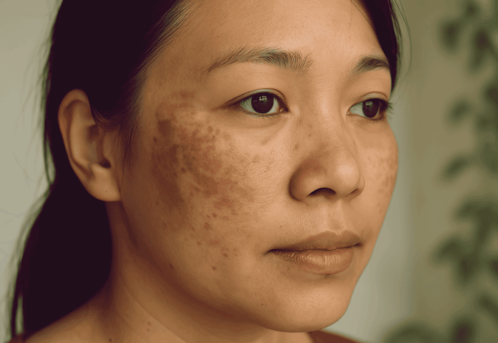 얼굴 색소와 칙칙한 안색으로 고민하며 거울을 바라보는 여성의 모습