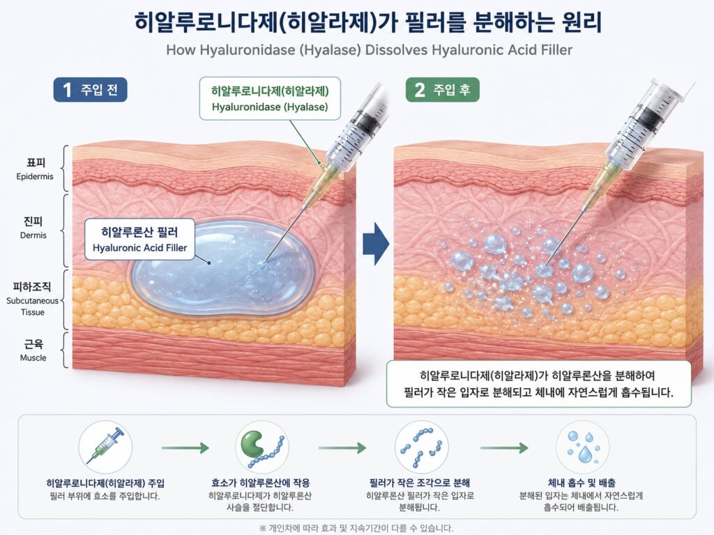 히알루로니다제 히알라제가 히알루론산 필러를 작은 조각으로 분해해 체내 흡수되는 과정을 설명한 의학 인포그래픽