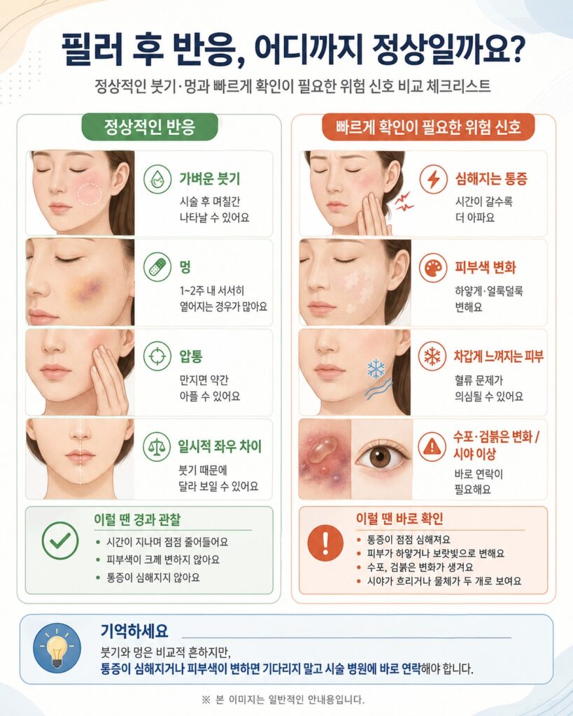 필러 시술 후 정상적인 붓기와 멍, 빠르게 확인이 필요한 혈관 필러 부작용 문제 위험 신호를 비교한 체크리스트 이미지