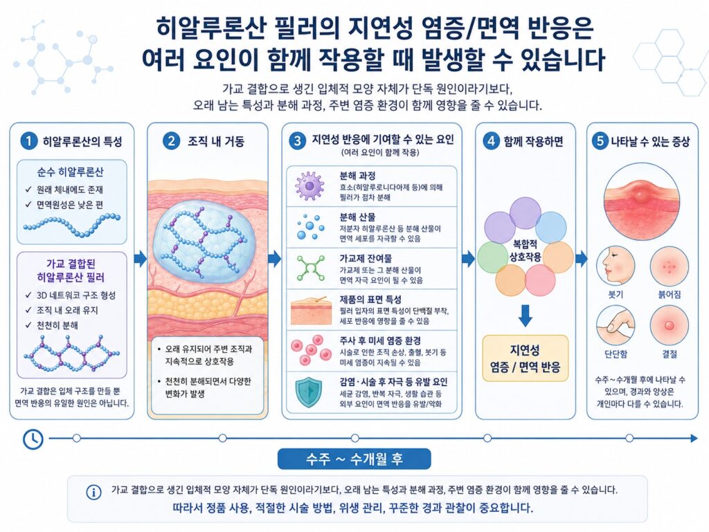 히알루론산 필러가 오래 남는 특성과 분해 과정, 주변 염증 환경이 함께 작용해 지연성 염증이나 필러 부작용 면역 반응이 나타날 수 있음을 설명한 의학 인포그래픽