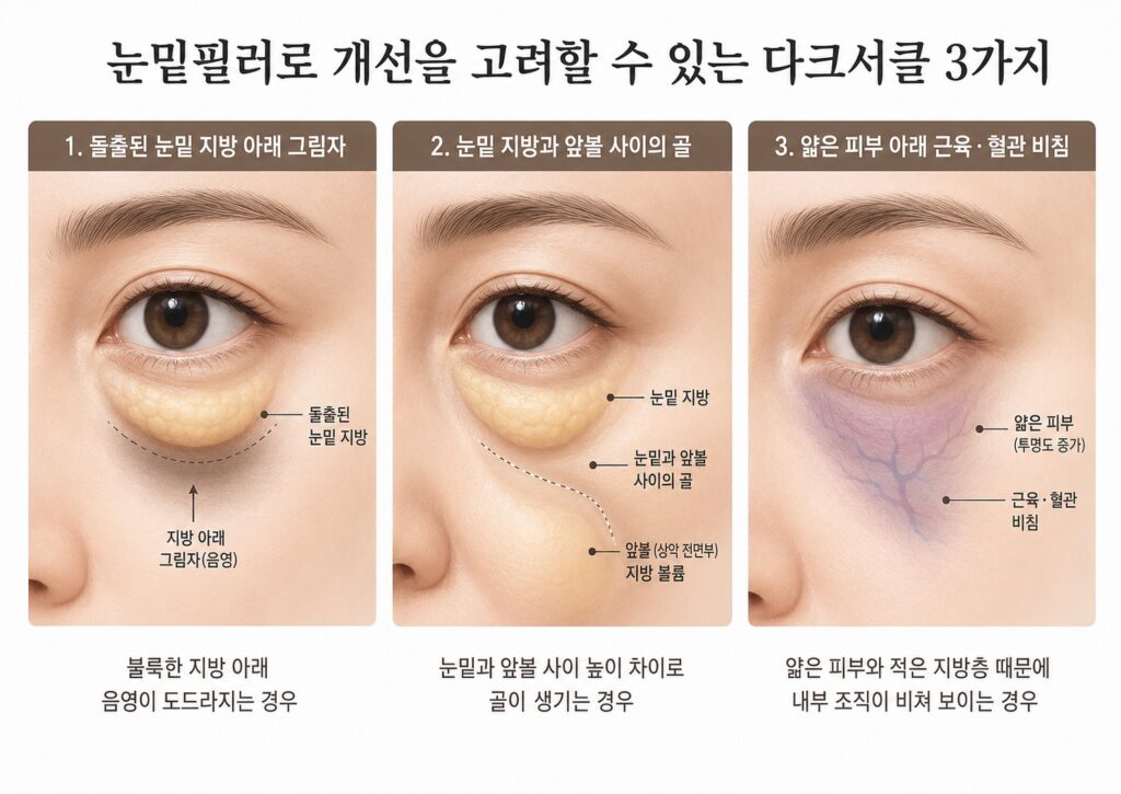 눈밑필러로 개선을 고려할 수 있는 세 가지 다크서클 유형인 돌출된 눈밑 지방 아래 그림자, 눈밑 지방과 앞볼 사이의 골, 얇은 피부 아래 근육·혈관 비침을 설명한 인포그래픽
