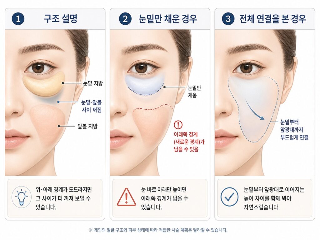 눈밑필러 시 눈물고랑과 앞광대, 볼 경계를 함께 고려해야 하는 이유를 설명한 그림