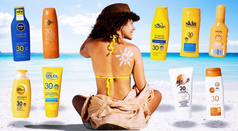 SPF30, SPF50, SPF100 등 다양한 차단지수의 선크림 제품을 나란히 비교한 이미지