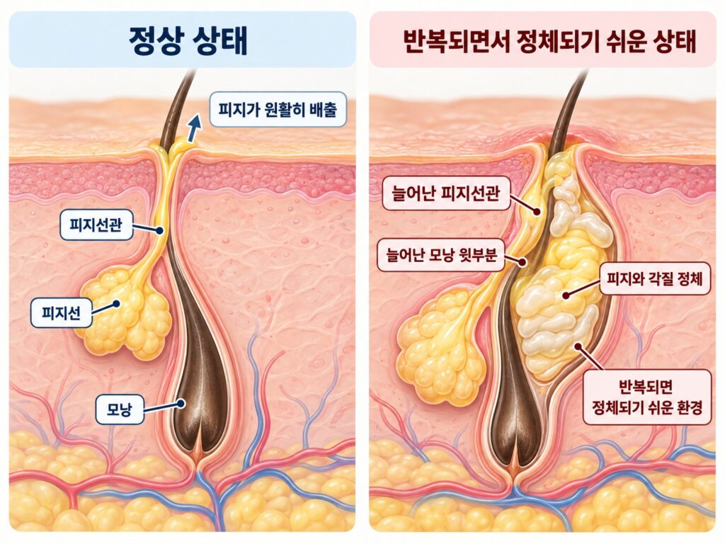 정상 피부와 피지선관 및 모낭 상부가 늘어나 피지와 각질이 고이기 쉬운 피부 상태를 비교한 이미지