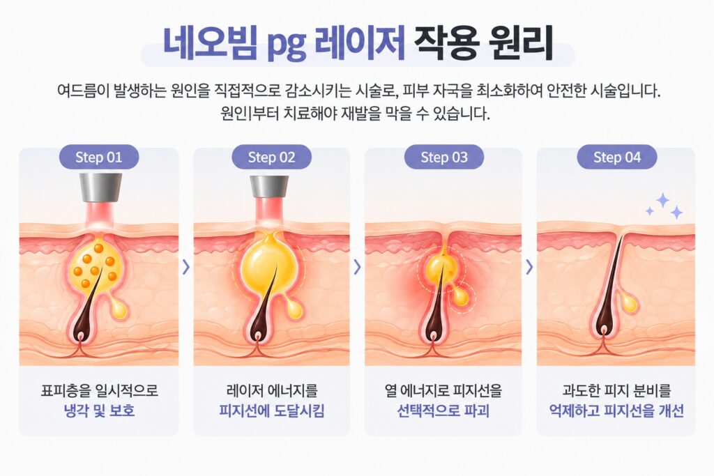 1450nm 네오빔 레이저가 피지선이 위치한 깊이에 열에너지를 전달해 피지선 활동과 피지 분비를 줄이는 원리를 설명하는 이미지